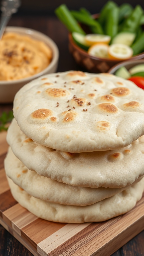 Freshly baked pita bread stacked on a cutting board with hummus and vegetables in the background.